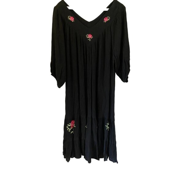 Drapers & Damons PM Black Embroidered Rayon V-Neck Midi Dress With Red Rose Acce - Picture 1 of 6